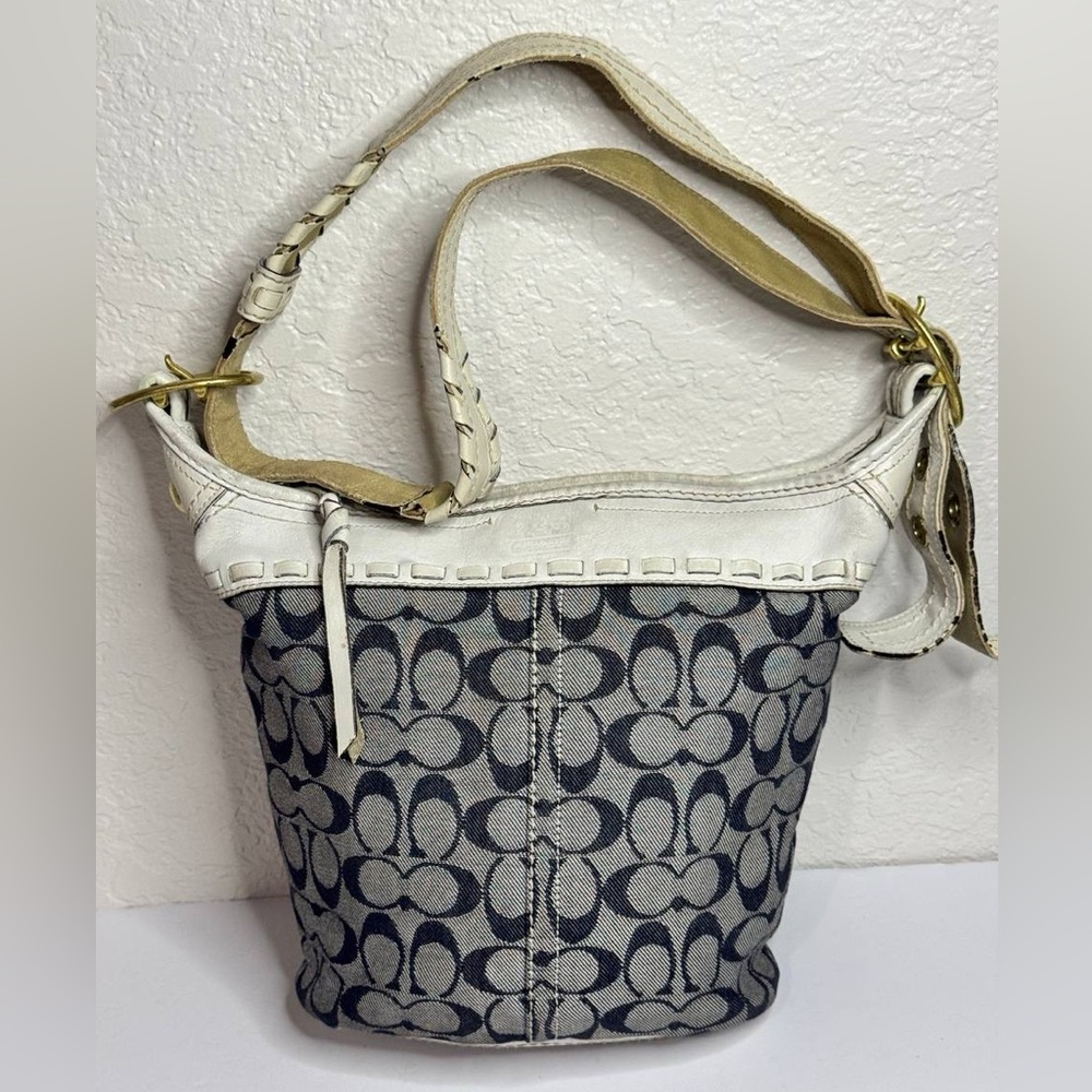 Coach Bleecker Signature Blue Denim Canvas White Leather Trim Shoulder Bag Y2K - Picture 7 of 12